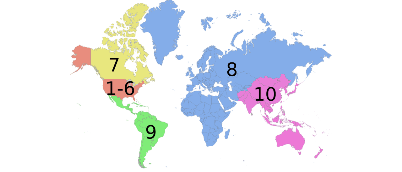 Παγκόσμιος χάρτης που δείχνει τις 8 περιφέρειες (regions) του IEEE